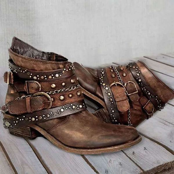 Women's Brown Short Motorcycle Boots with Buckles, Chains and Metal Studs in a Vintage Style