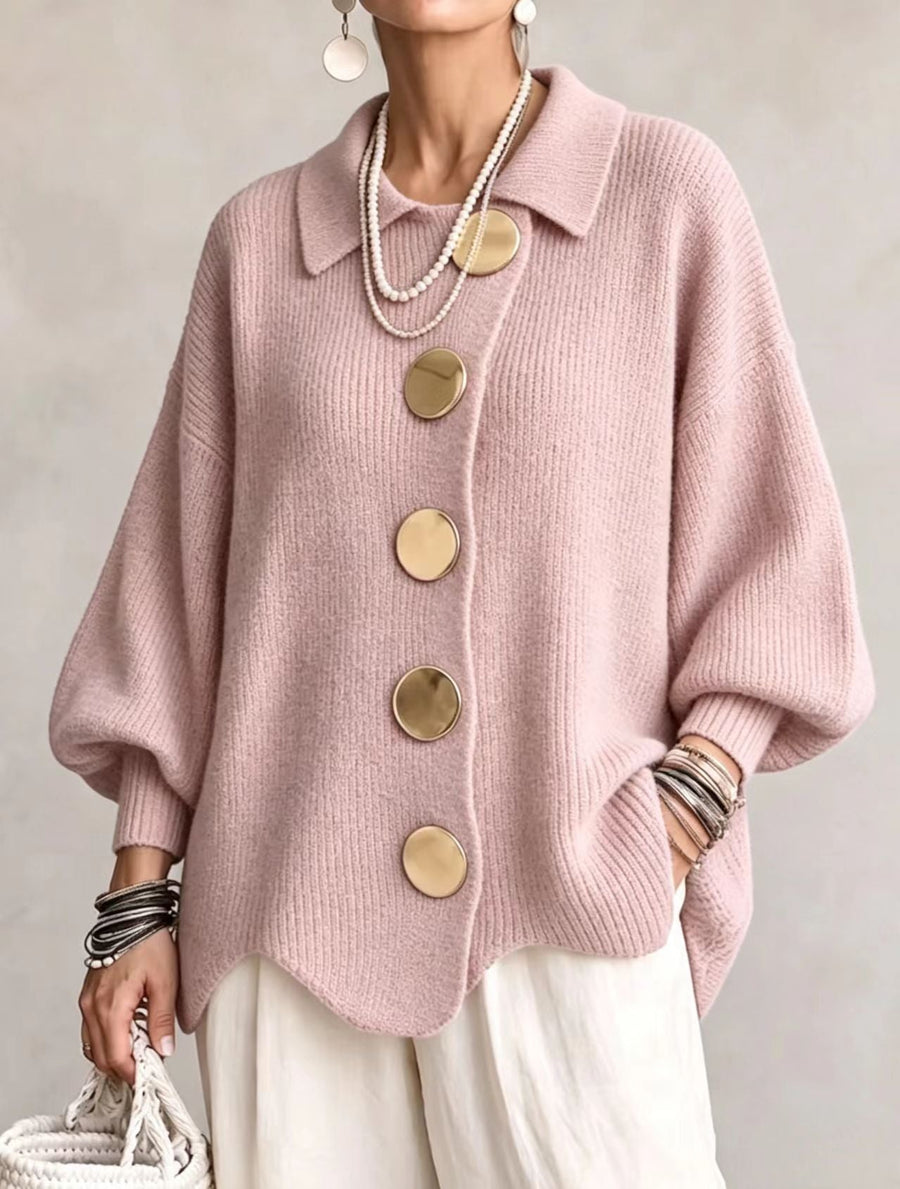 Gilet Femme Tricoté Boutons Dorés Col Chemise Manches Ballon