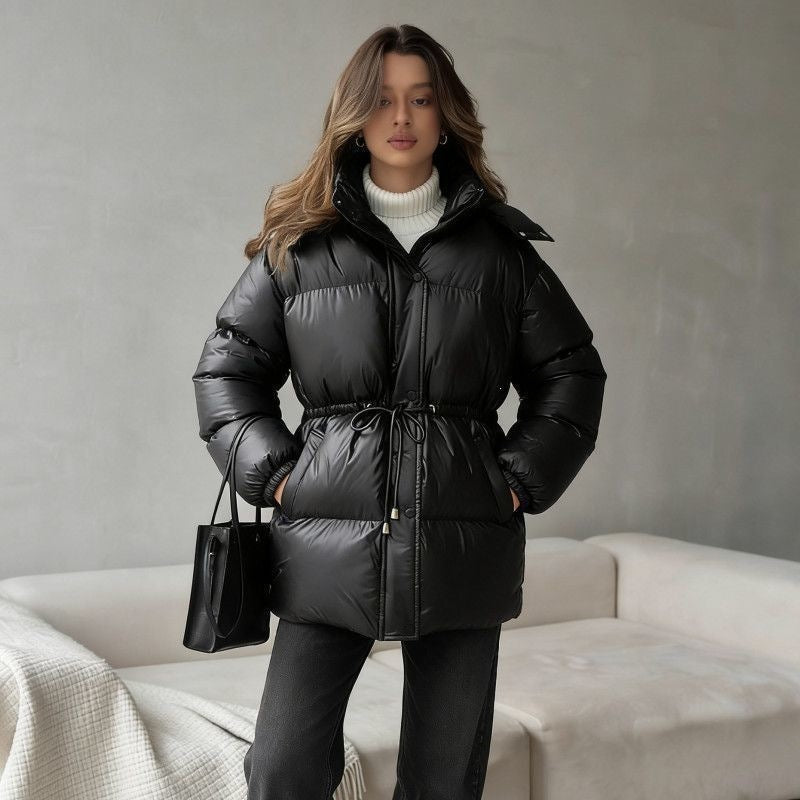 Abrigo acolchado para mujer con capucha y cordón ajustable en la cintura