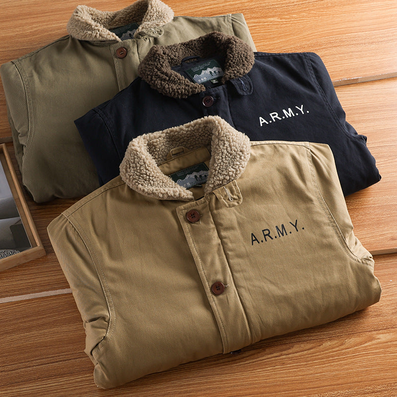 Herrenjacke mit Lammfelloptik am gefütterten Kragen, Knöpfen, Braun und den Buchstaben "A.R.M.Y."