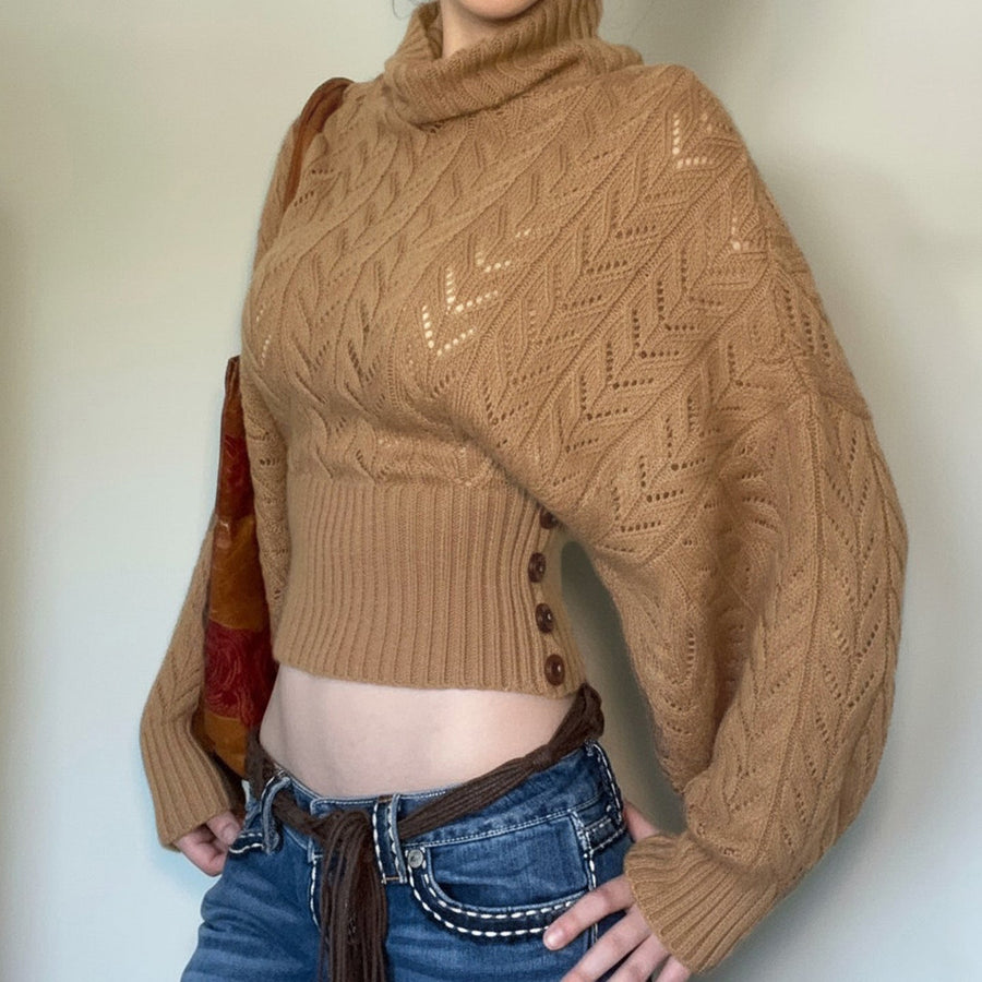Camel cropped openwork knit turtleneck sweater with puff sleeves