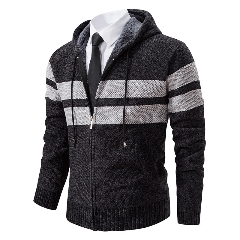 Strikket cardigan for menn med glidelås, hette og mykt fôr