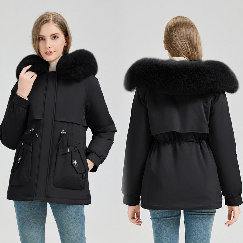 Damen-Parka mit Steppung, Kapuze mit Kunstpelzbesatz und verstellbarer Taille