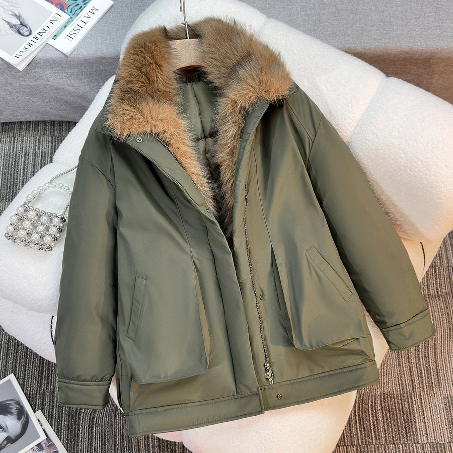 Steppjacke mit Kunstpelzkragen in Khaki oder Schwarz