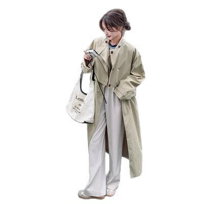Trench-coat long beige femme à col montant et taille ajustable