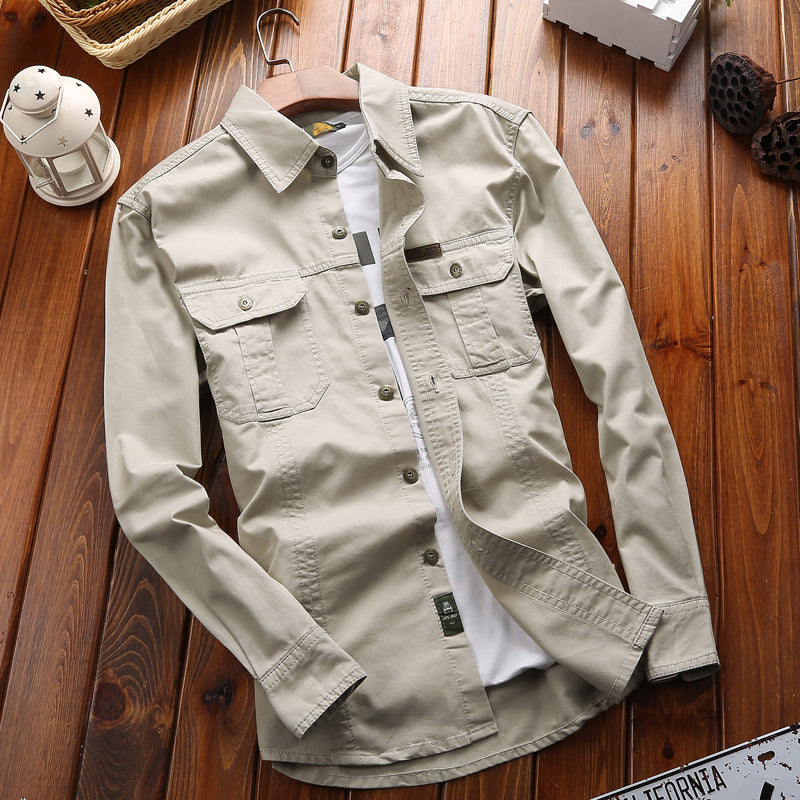 Camisa de hombre de manga larga, corte recto, estilo cargo, con dos bolsillos con solapa