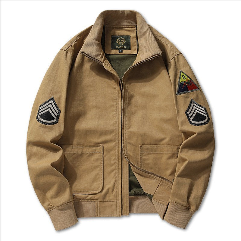 Men's Bomber-Style Jacket with Stand Collar and Decorative Patches