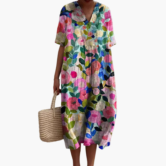 Løs sommerkjole med blomsterprint for dame, avslappet og elegant stil