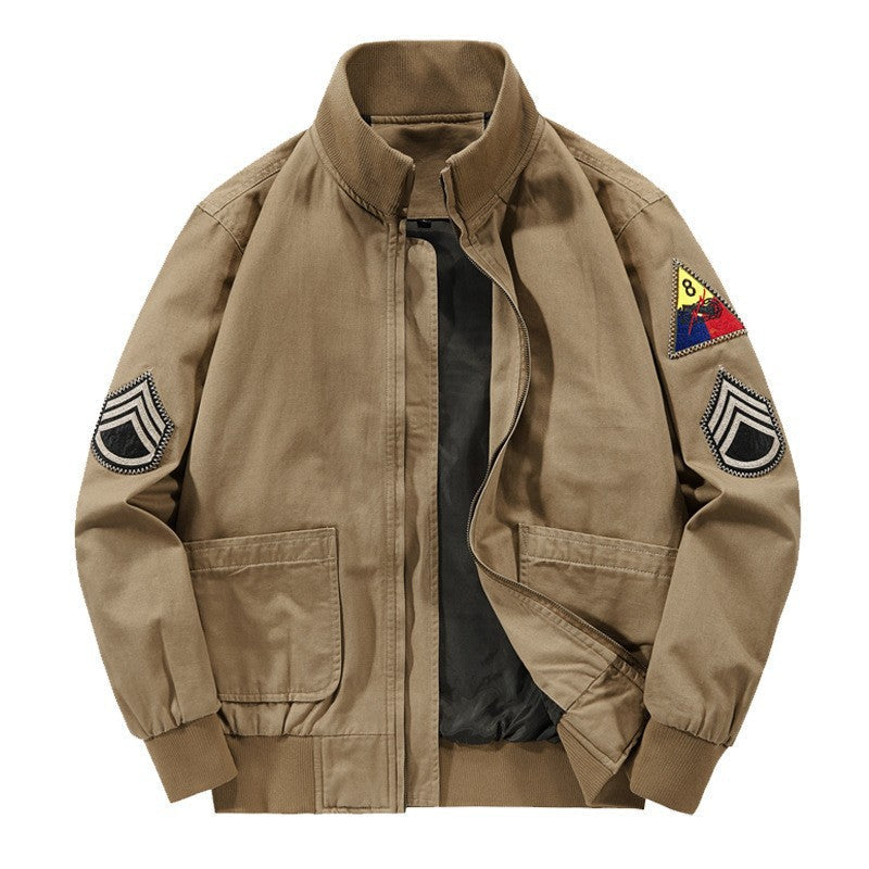 Men's Bomber-Style Jacket with Stand Collar and Decorative Patches