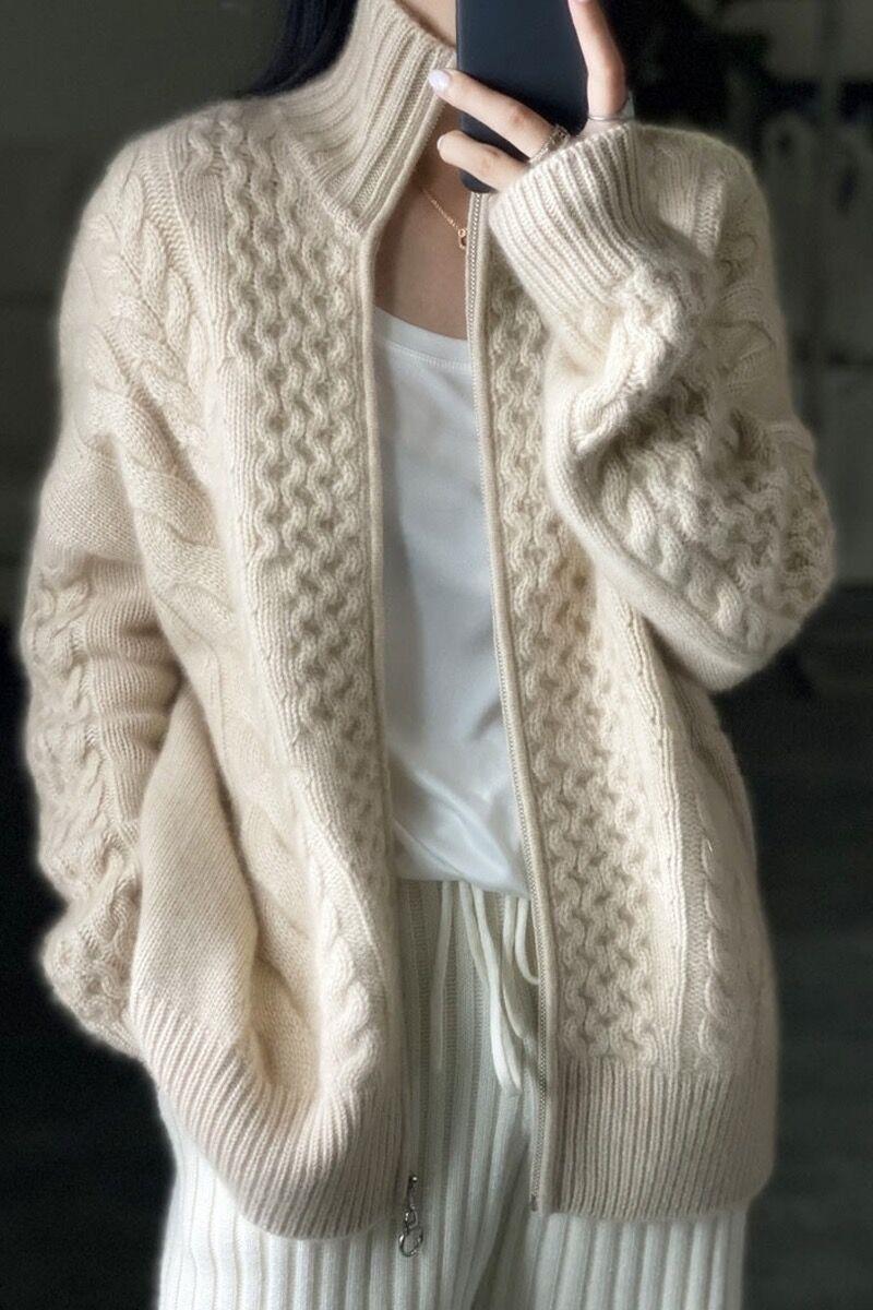 Women's Textured Knit Zip Cardigan with Stand-Up Collar