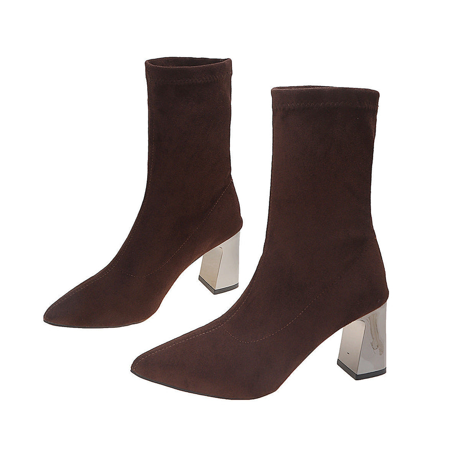 Stiefeletten mit Blockabsatz, Velourslederoptik und spitzer Zehenpartie
