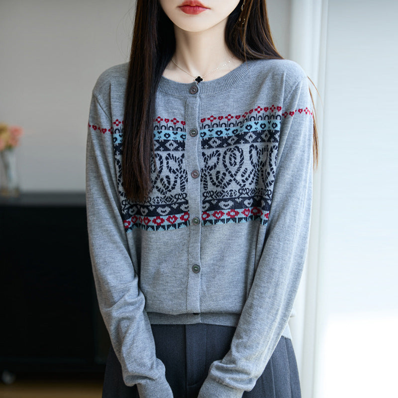 Marineblå cardigan for kvinner med rund hals, geometrisk mønster og knapper