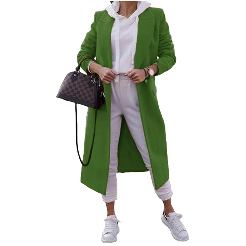 Manteau long femme avec col à revers et poches latérales