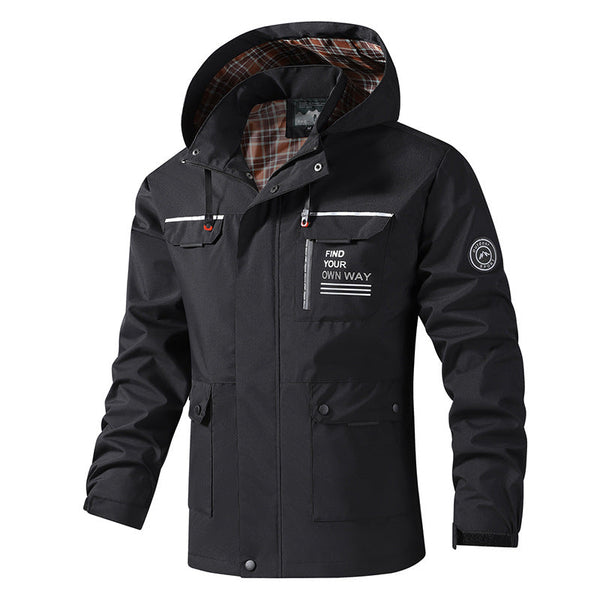 Black Men's Hooded Jacket with Pockets and Plaid Lining