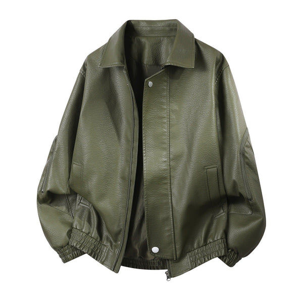 Chaqueta de aviador holgada con cuello clásico, cierre de cremallera y botones, verde caqui