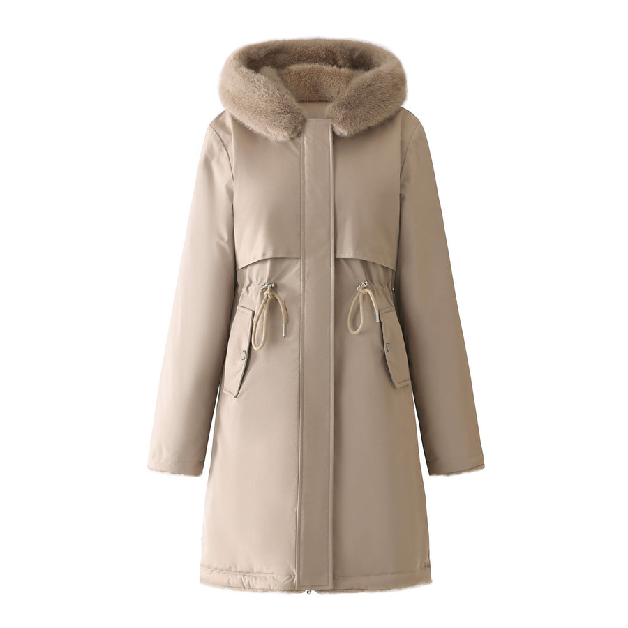 Women's long coat with fur-effect lined hood and adjustable waist