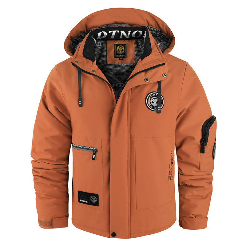 Men's Solid-Color Hooded Jacket with Pockets and Patches