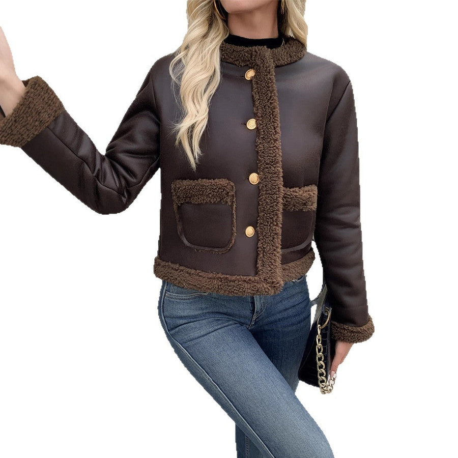 Chaqueta corta estilo aviador para mujer, marrón, forrada con efecto de borreguito y botones dorados