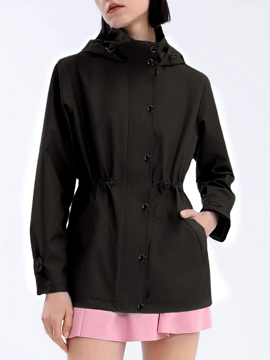 Women's Lightweight Hooded Parka with Waist Drawstring, Black
