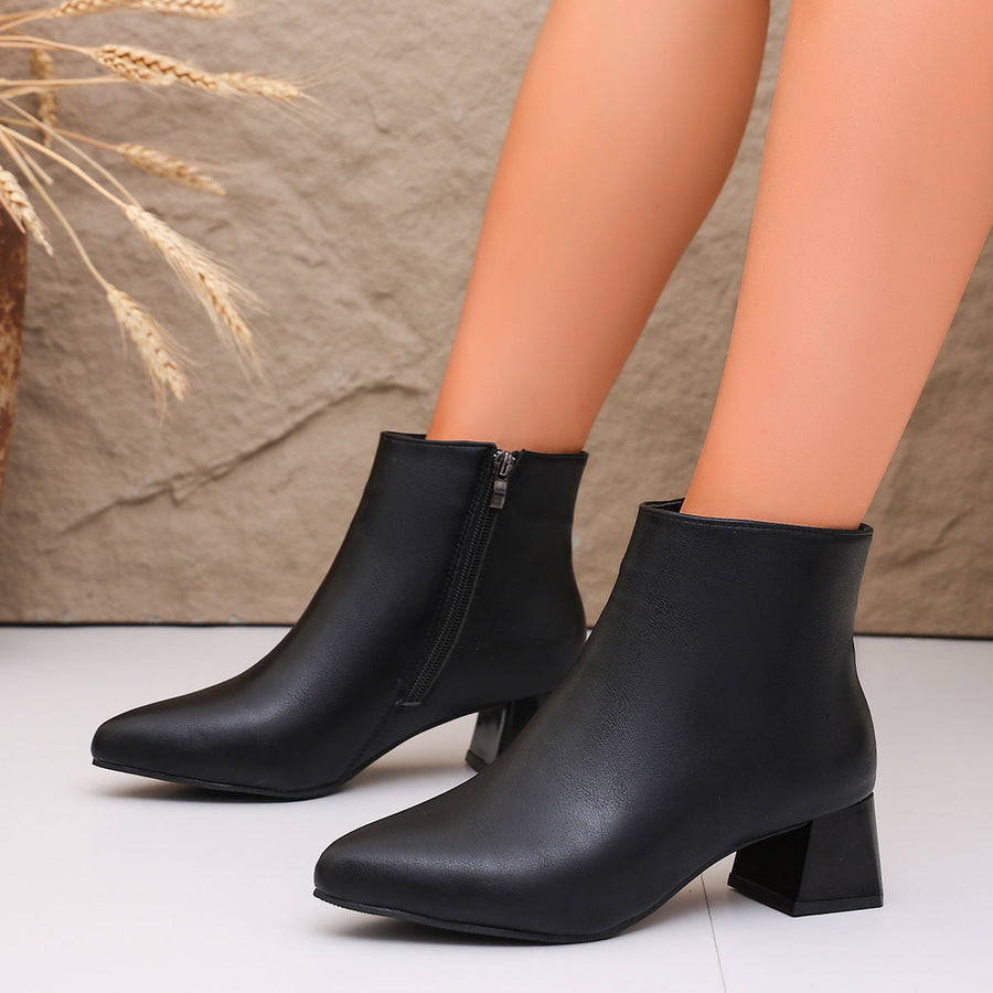 Bottines femme à talon bloc, bout pointu et fermeture éclair latérale