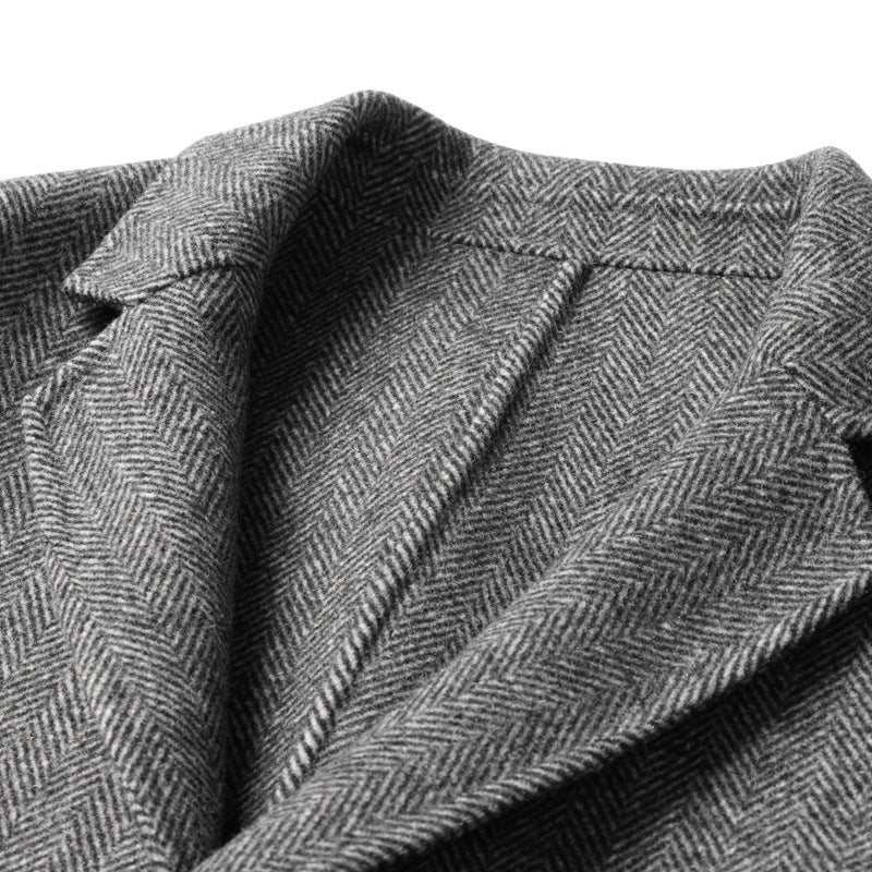 Men's Short Mid-Season Jacket in Textured Fabric with Notched Lapels and Patch Pockets