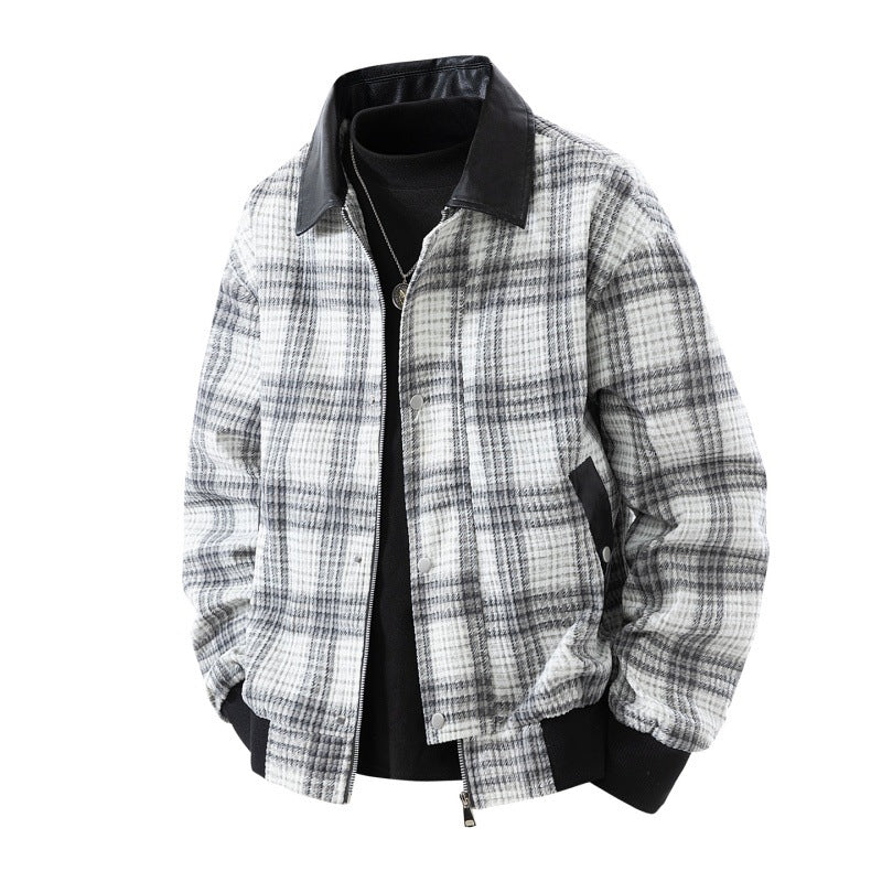 Men's plaid jacket with a black faux-leather collar, casual bomber style, zip-up