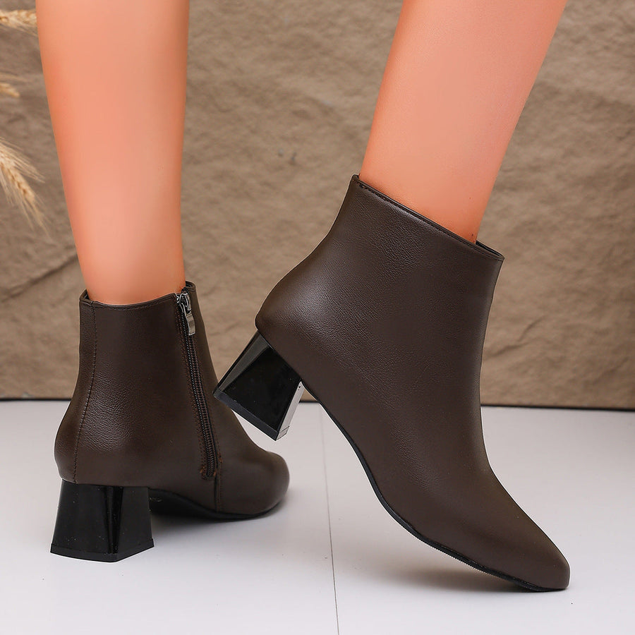 Bottines femme à talon bloc, bout pointu et fermeture éclair latérale