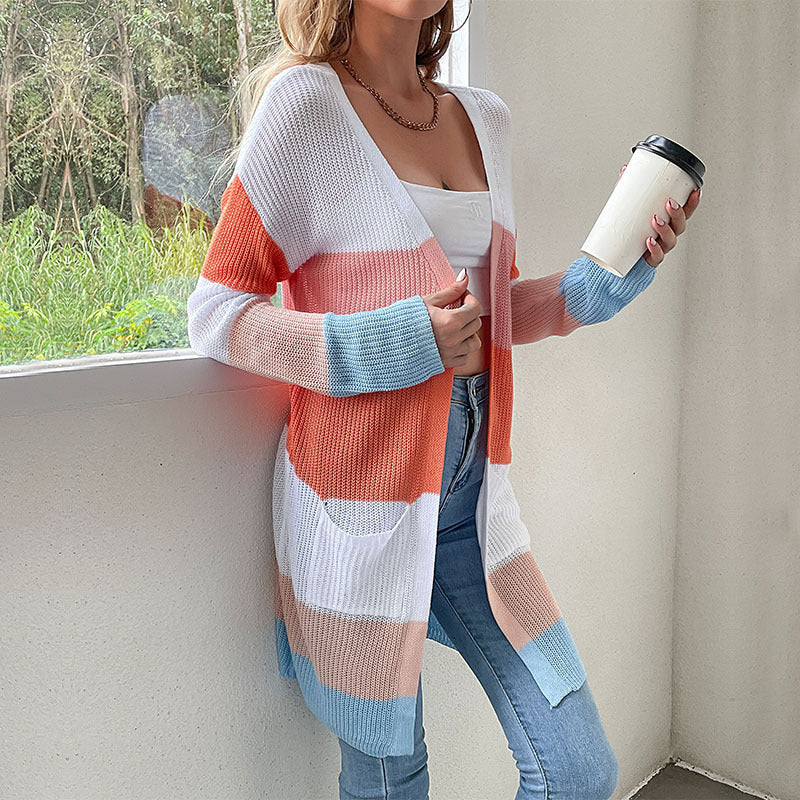 Cardigan long femme rayé couleurs vives, manches longues