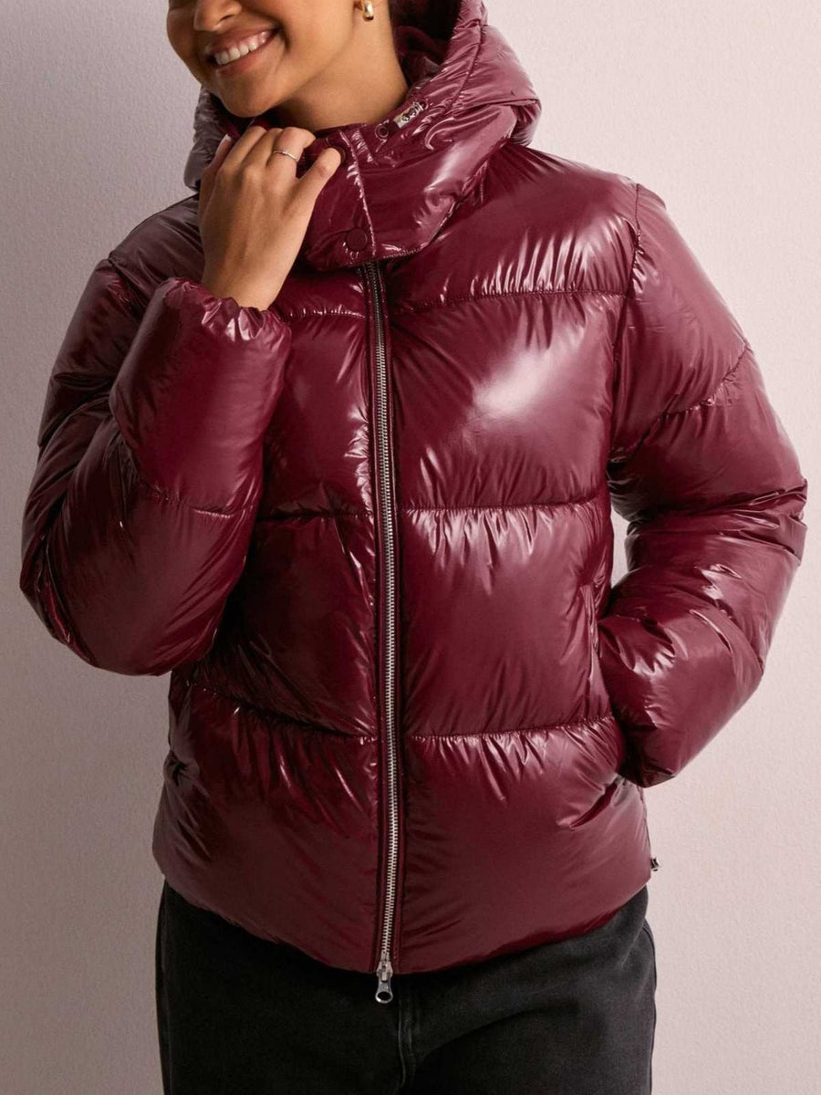 Glänzende gesteppte Damenjacke mit Kapuze und Reißverschluss - Bordeaux, Schwarz, Khaki