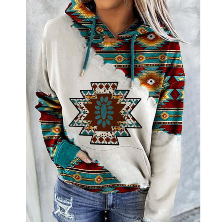 Sweat à Capuche Femme Motif Ethnique Géométrique Manches Longues