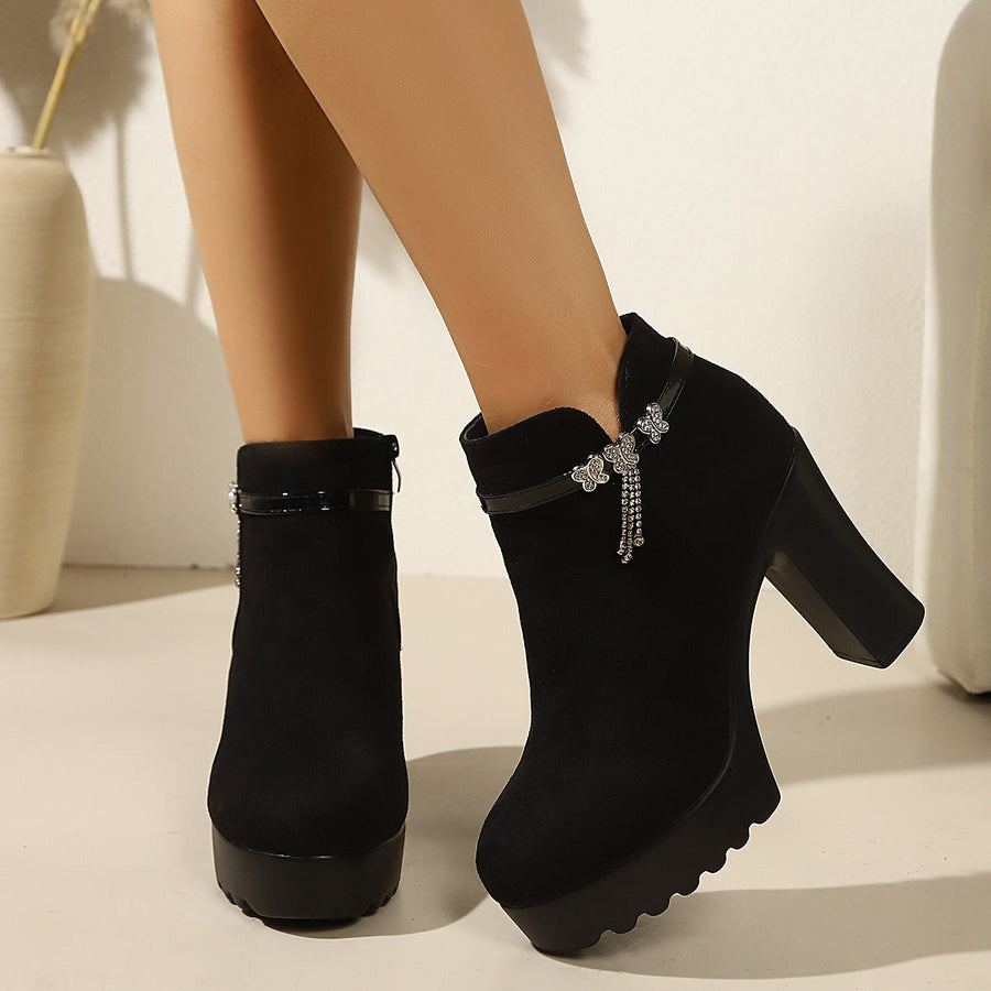Bottines Femme à Talon Bloc Haut et Plateforme, Bout Arrondi, Détail Nœud Papillon Strass