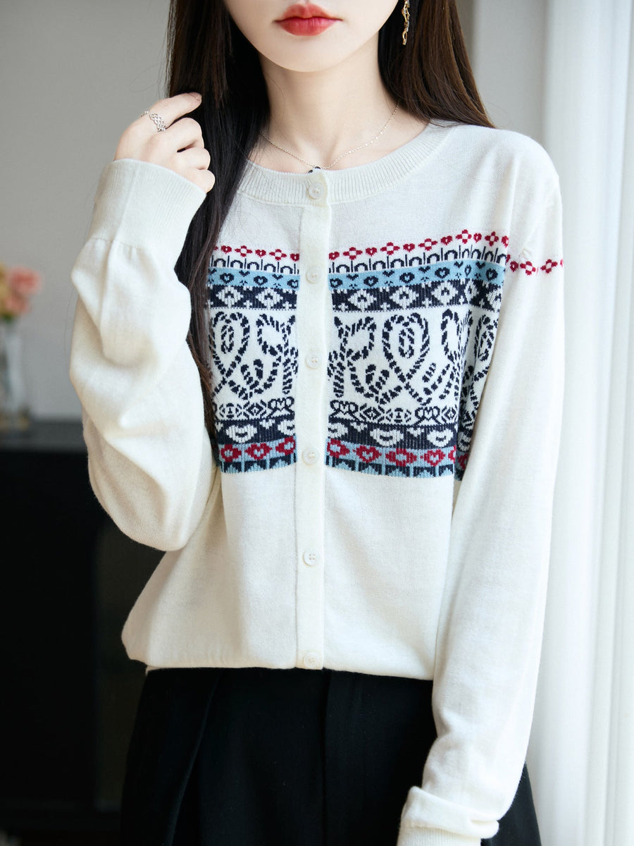 Marineblå cardigan for kvinner med rund hals, geometrisk mønster og knapper