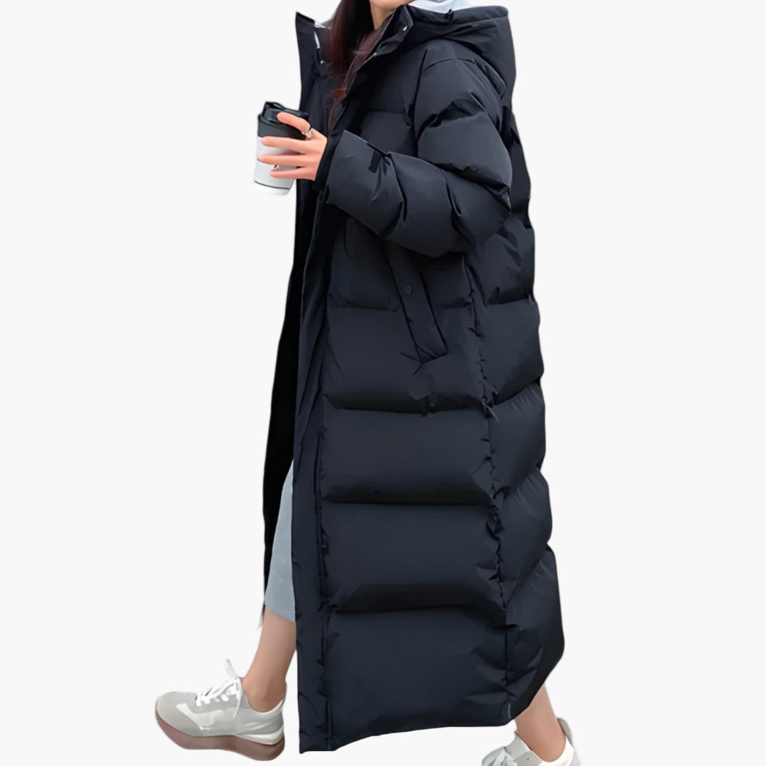 Lang vatteret vinterfrakke til kvinder i puffer-stil med hætte, mode og daglig beskyttelse