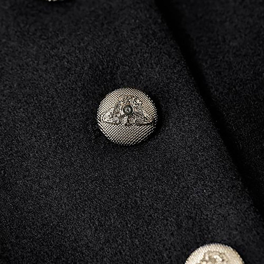 Elegant Women's Mid-Length Black Coat with Gold Buttons