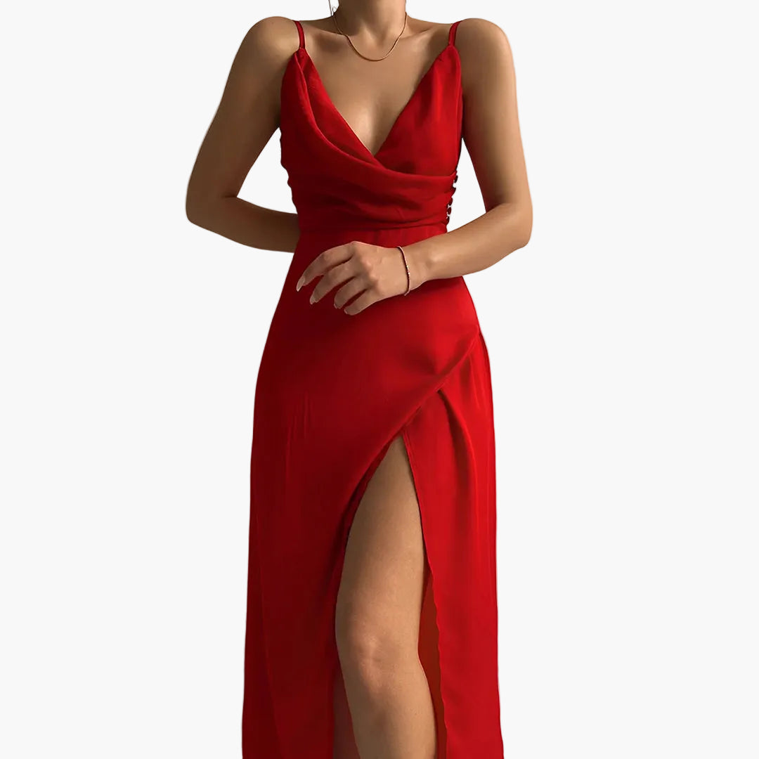Abito da sera lungo da donna con spacco, scollo incrociato, eleganza raffinata per occasioni formali