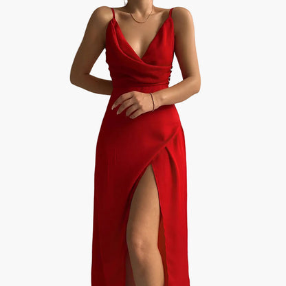 Abito da sera lungo da donna con spacco, scollo incrociato, eleganza raffinata per occasioni formali