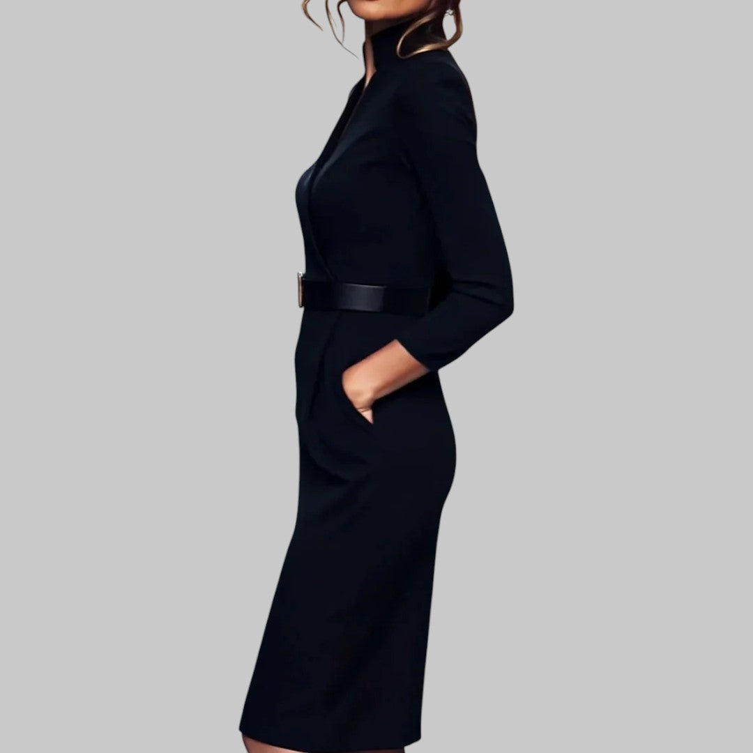 Robe Crayon Femme Élégante à Ceinture pour Affaires et Soirées – Style Midi avec Col Structuré