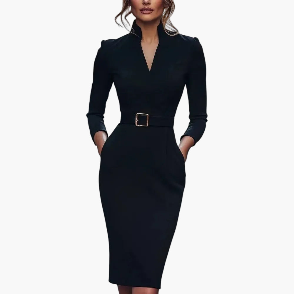 Robe Crayon Femme Élégante à Ceinture pour Affaires et Soirées – Style Midi avec Col Structuré