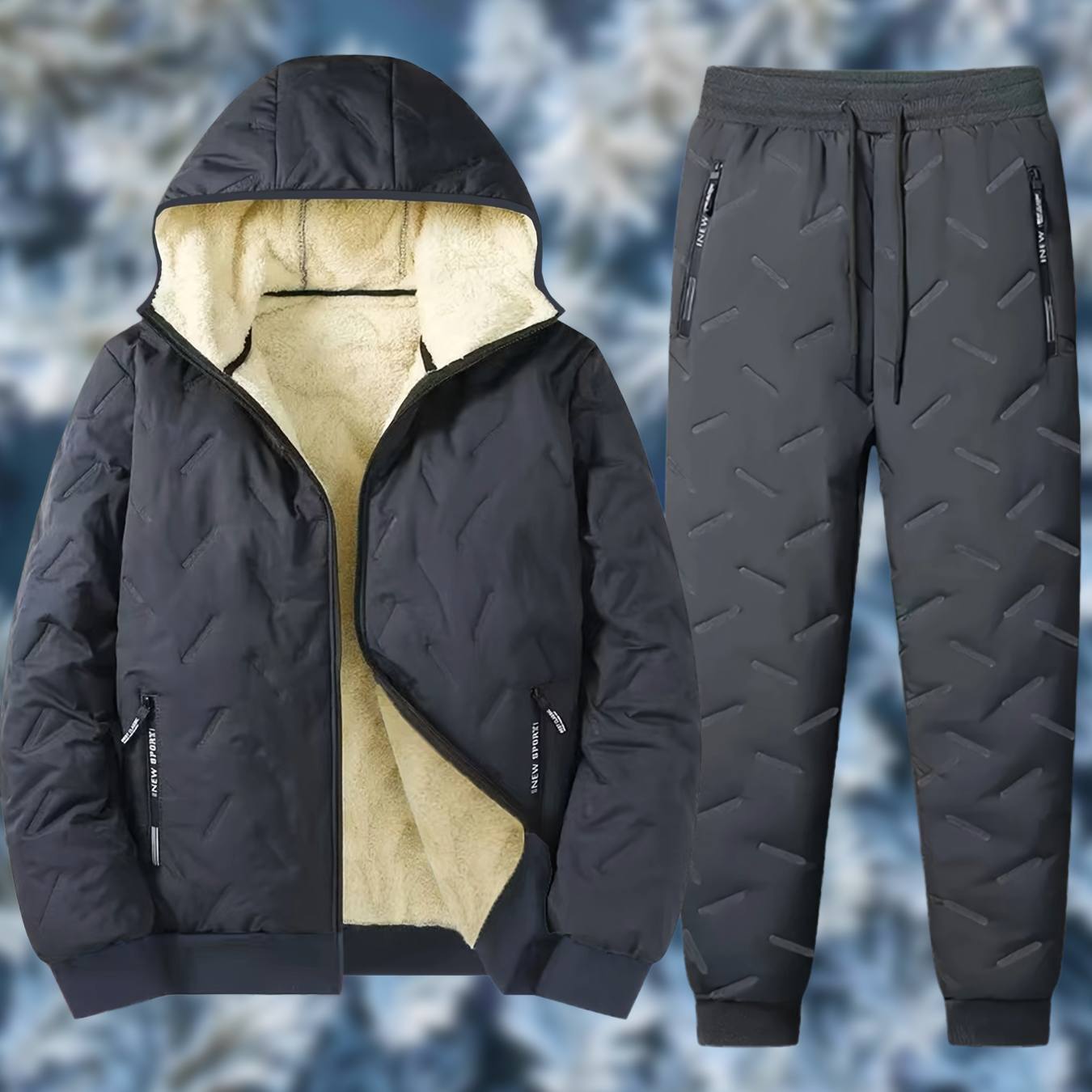 Ensemble Homme Hiver Matelassé Doublure Douce à Capuche - Veste Zippée et Pantalon Jogging