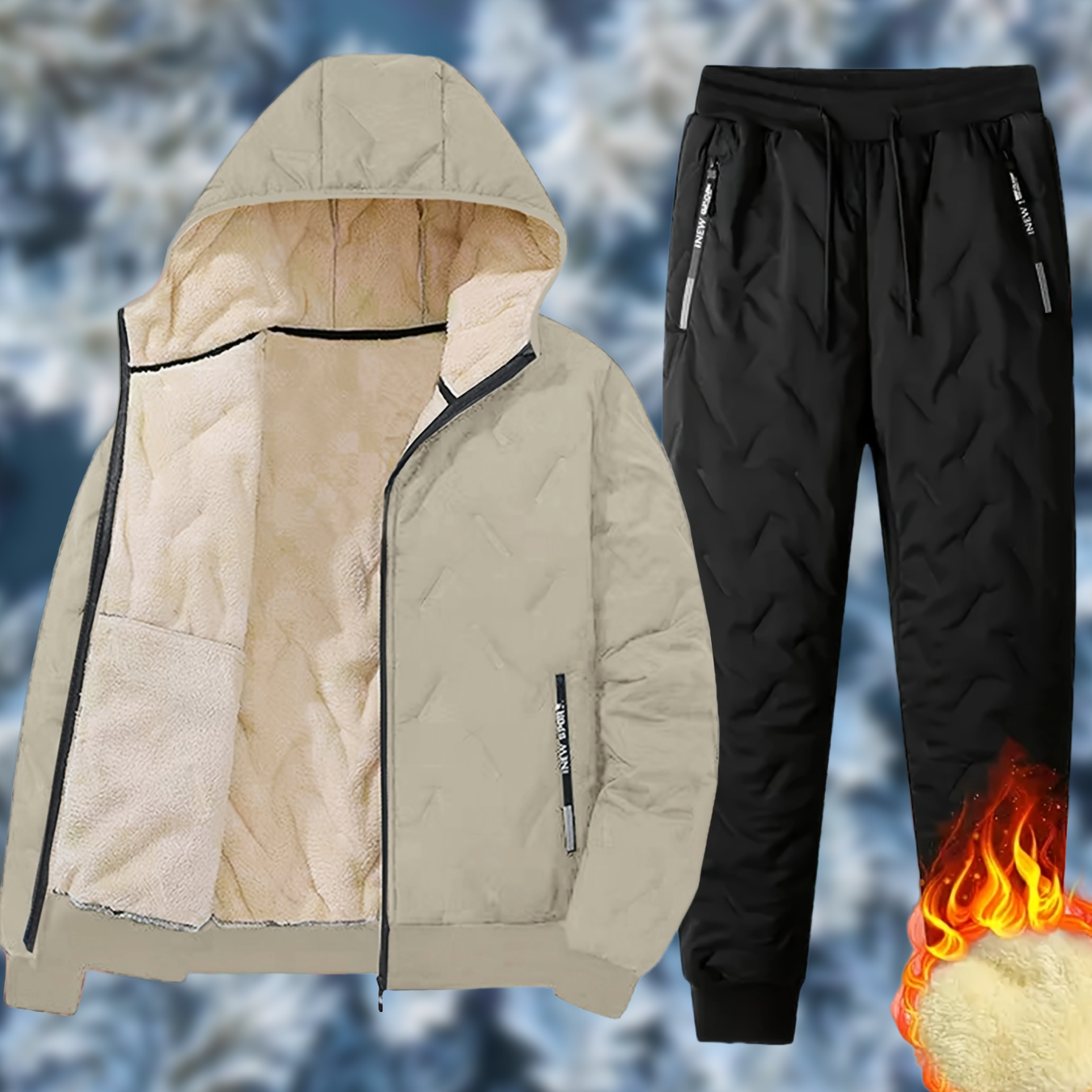 Ensemble Homme Hiver Matelassé Doublure Douce à Capuche - Veste Zippée et Pantalon Jogging