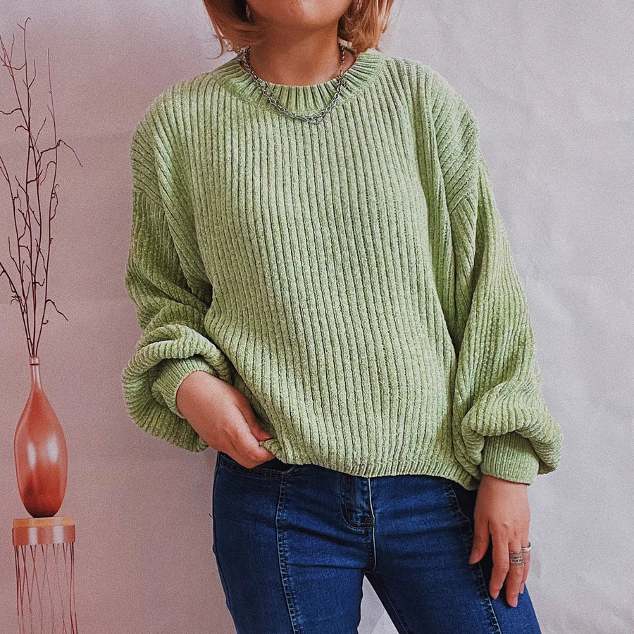 Pull côtelé ample pour femme Col rond Manches longues bouffantes
