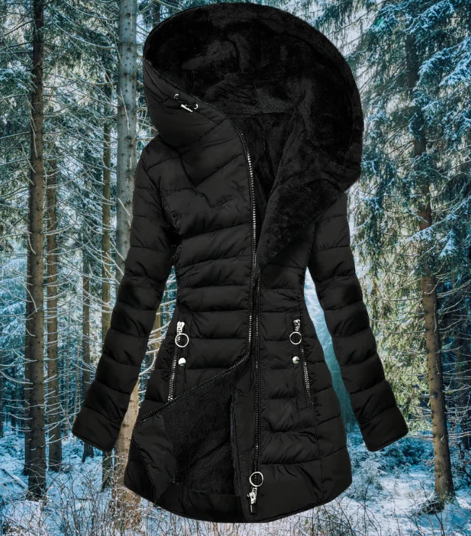 Cappotto lungo trapuntato nero da donna con cappuccio e fodera calda