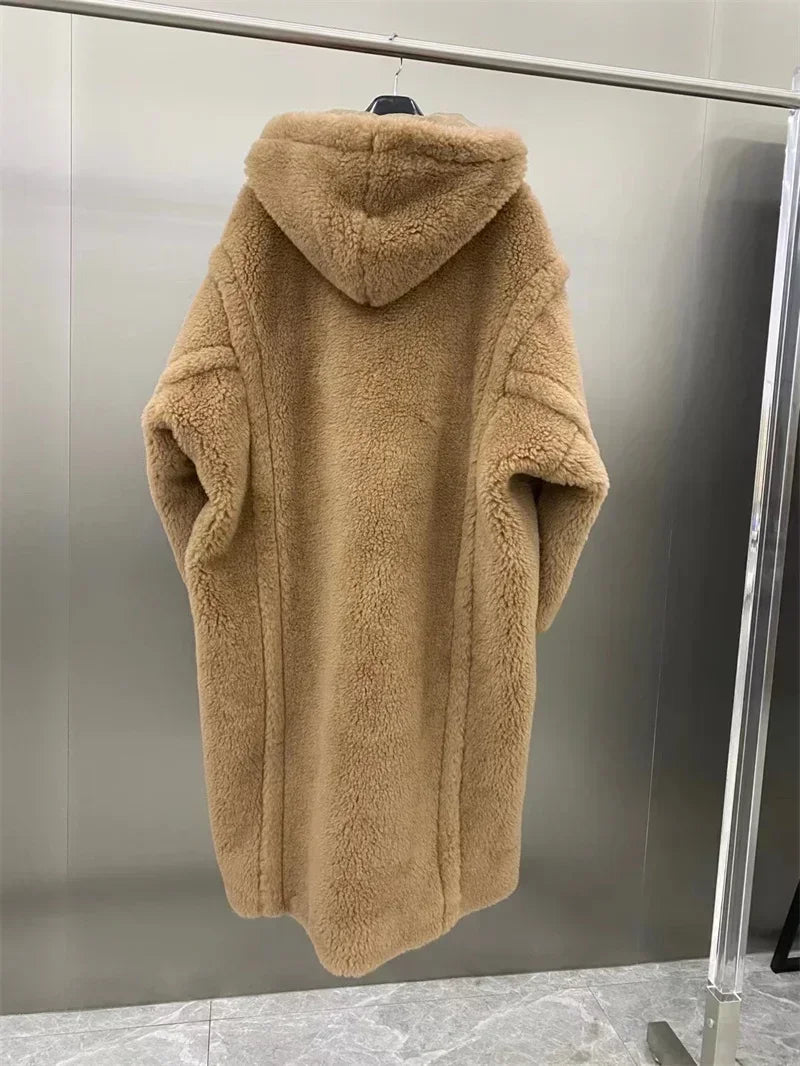 Manteau long femme doux à capuche style Teddy avec moufles assorties