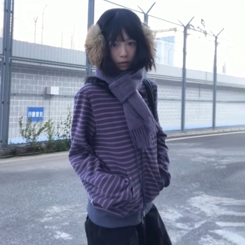 Women's Casual Purple and Charcoal Striped Zip-Up Hoodie