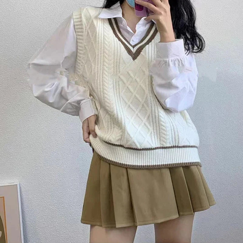 Gilet da donna senza maniche in maglia con scollo a V e motivi a trecce, stile preppy