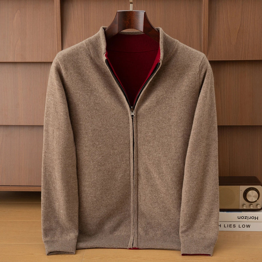 Gilet bicolore da uomo con cerniera, collo alto, lavorato a maglia arancione e grigio