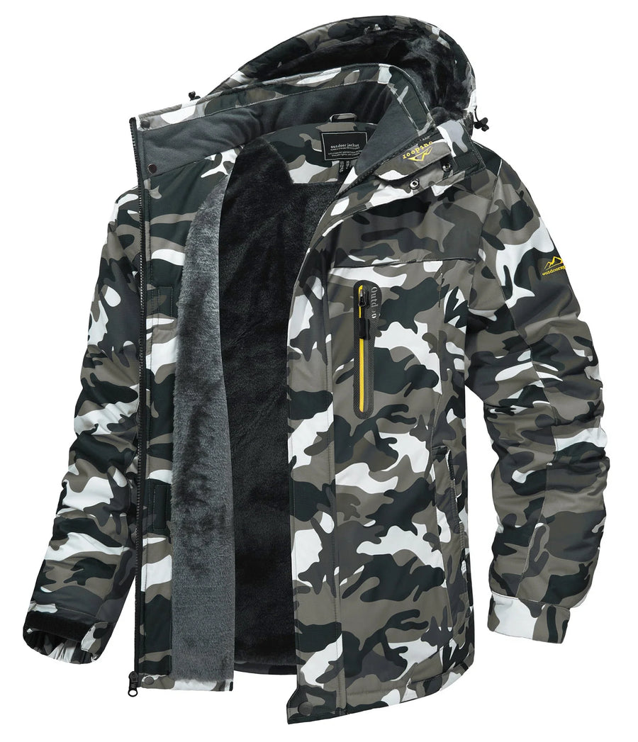 Warme Herren-Outdoorjacke mit Kapuze und Fleecefutter, Camouflage oder einfarbig, für den Winter