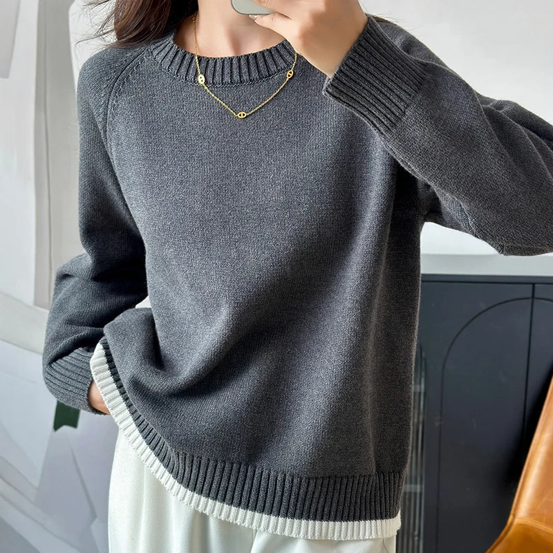 Pull femme col rond manches longues couleur unie ourlet contrastant tricot doux
