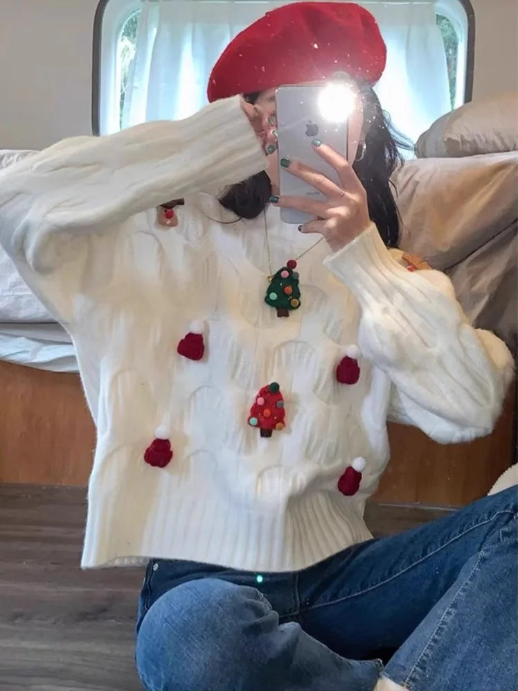 Julesweater i snoet strik med juletræer og rensdyr til kvinder