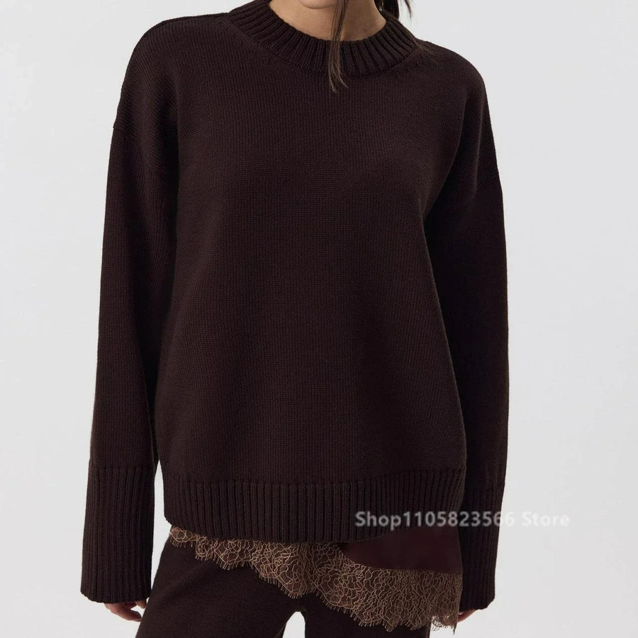 Jersey holgado de punto de canalé para mujer, con cuello redondo y color liso